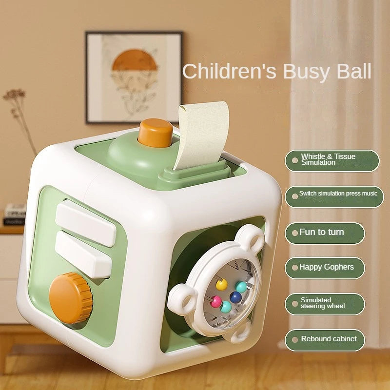 Montessori Busy Board (6-in-1) – Sensory Activity Cube for Toddlers – Fine Motor Skills Toy