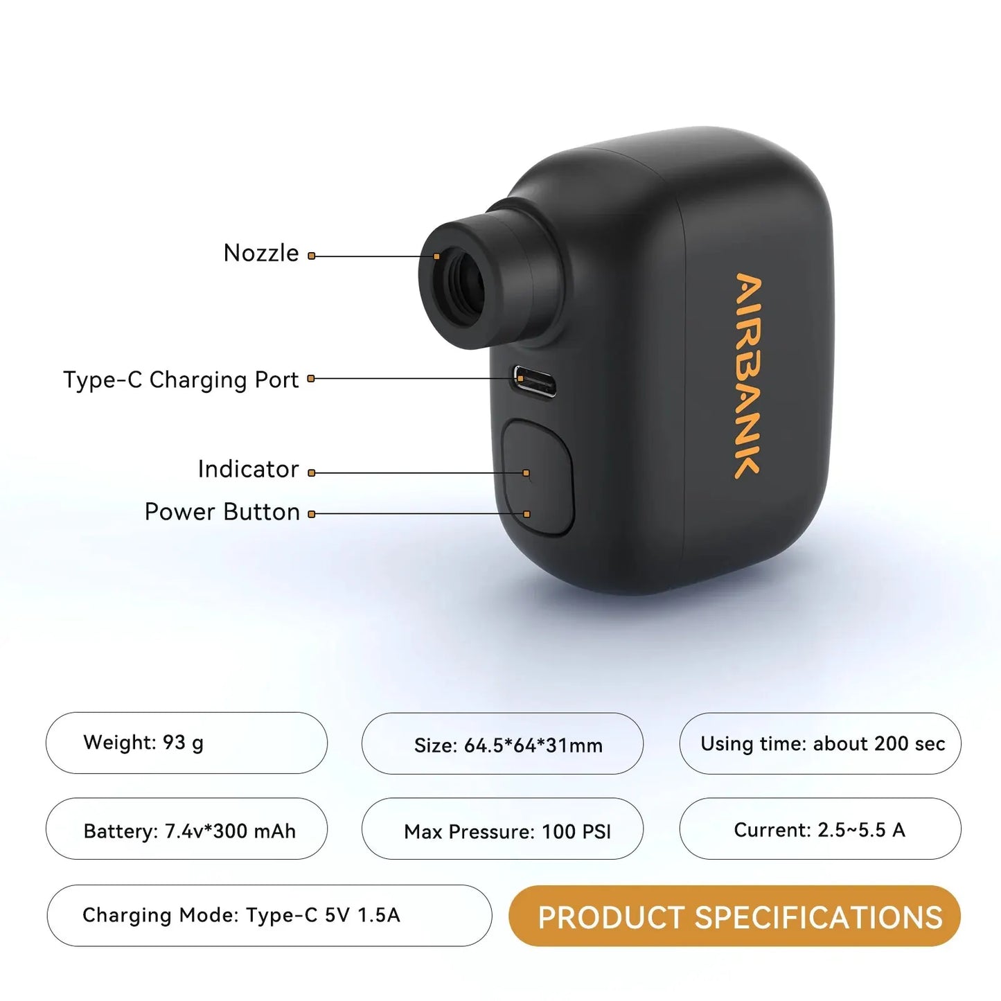 AS100 Mini Bike Pump – Rechargeable Electric Air Inflator (100PSI) – Fits Presta/Schrader Valves