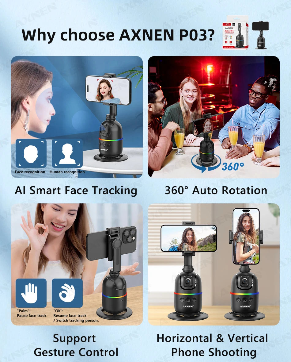 360° Auto Face Tracking Phone Holder – Foldable, Gesture-Controlled Stand for Vlogging & Live Streaming