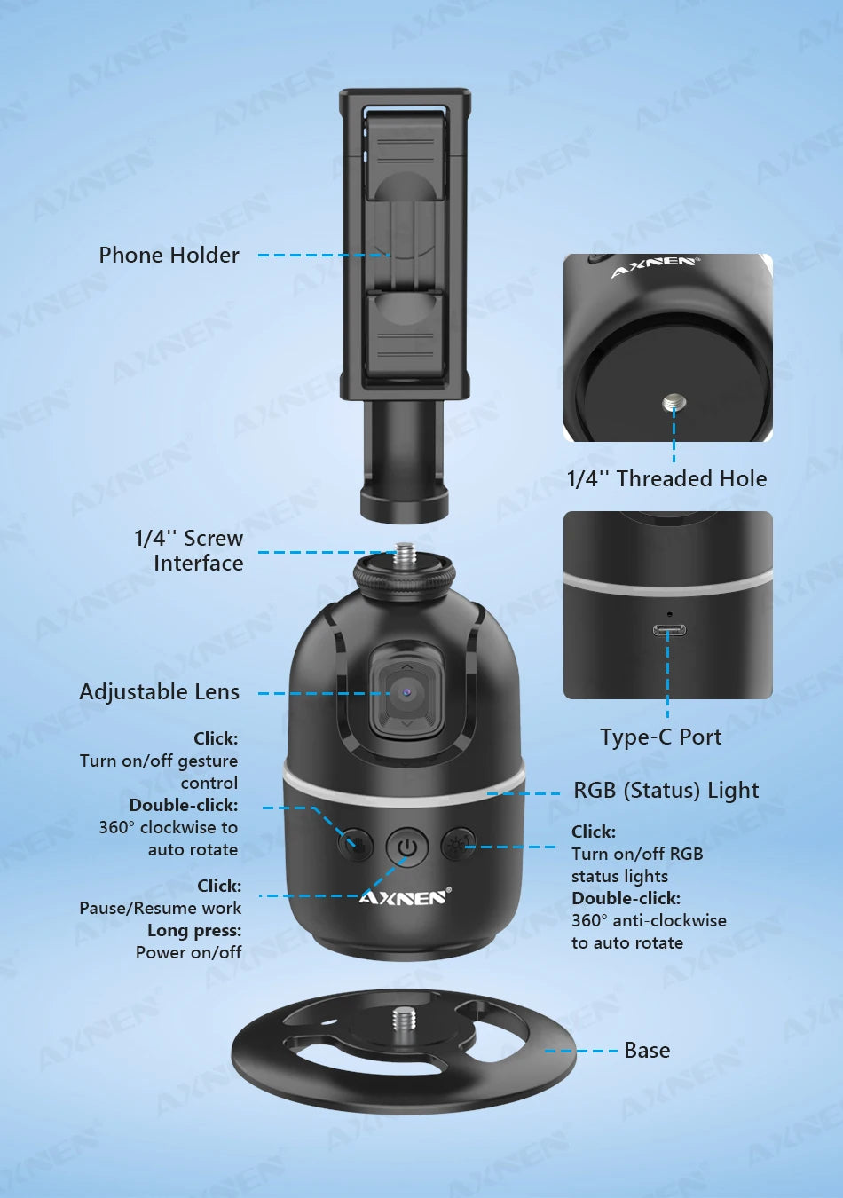 360° Auto Face Tracking Phone Holder – Foldable, Gesture-Controlled Stand for Vlogging & Live Streaming