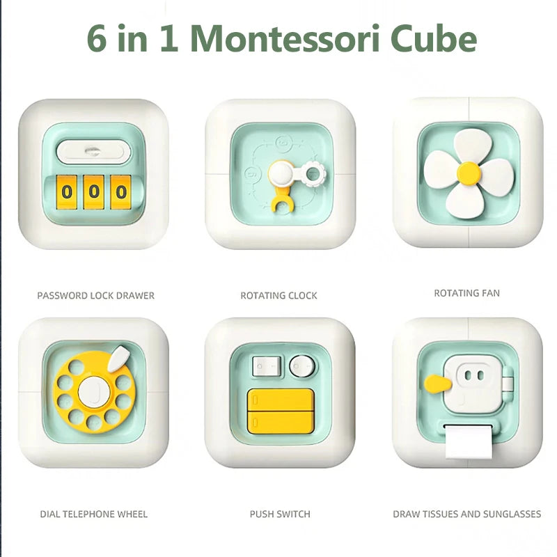 Montessori Busy Board (6-in-1) – Sensory Activity Cube for Toddlers – Fine Motor Skills Toy