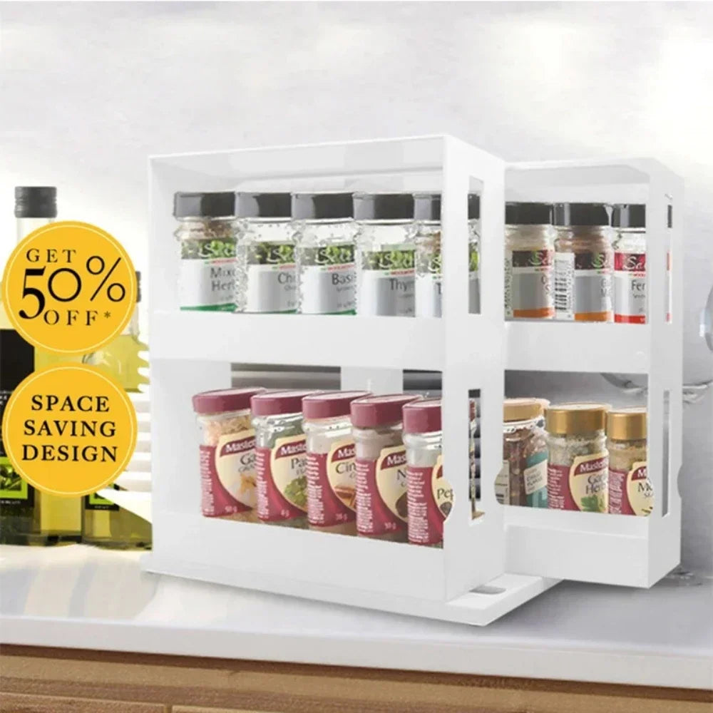 2-Tier Rotating Spice Organizer Rack – Maximize Your Kitchen Storage Space!