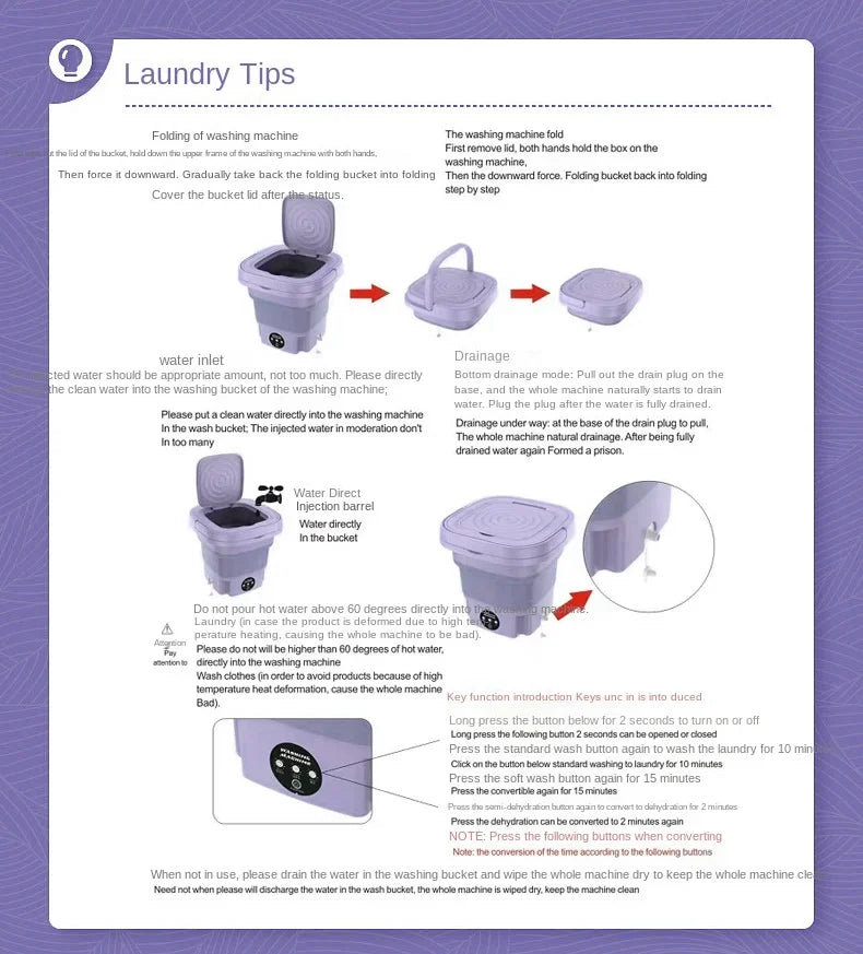 8L Portable Foldable Washing Machine with Spin Dryer – Compact and Convenient Laundry Solution!